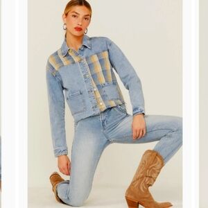 Oversized Plaid Patchwork Mix Denim Cropped Jacket SZ S
